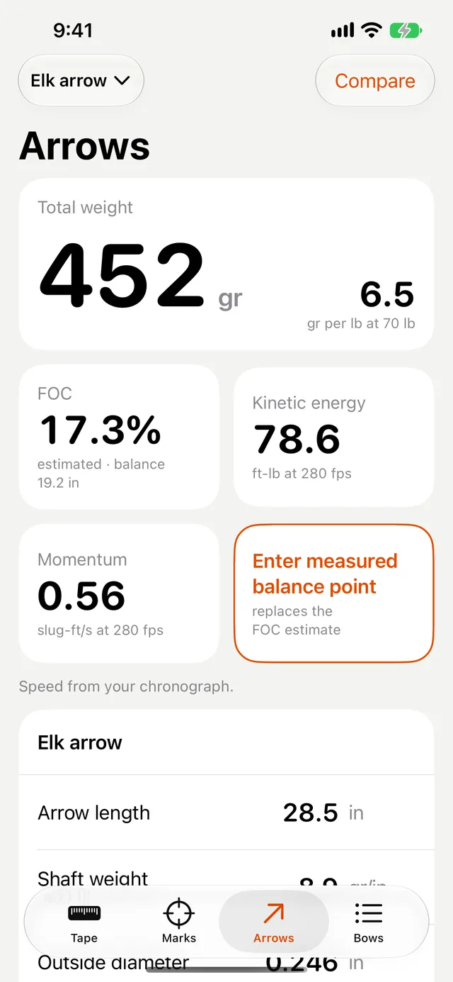PinGap Arrows screen: 452 grain arrow, 17.3% FOC, 78.6 ft-lb, momentum 0.56