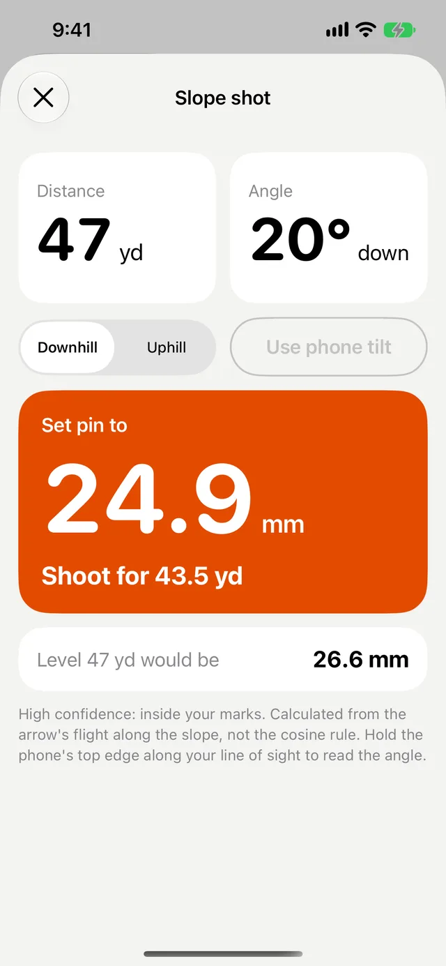 PinGap Slope shot screen: 47 yards, 20 degrees downhill, set pin to 24.9 mm, shoot for 43.5 yards