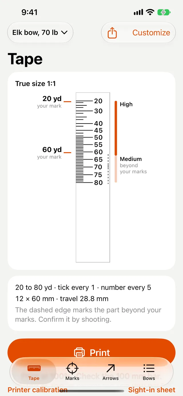 PinGap Tape screen: a sight tape from 20 to 80 yards shown at true size with confidence per segment